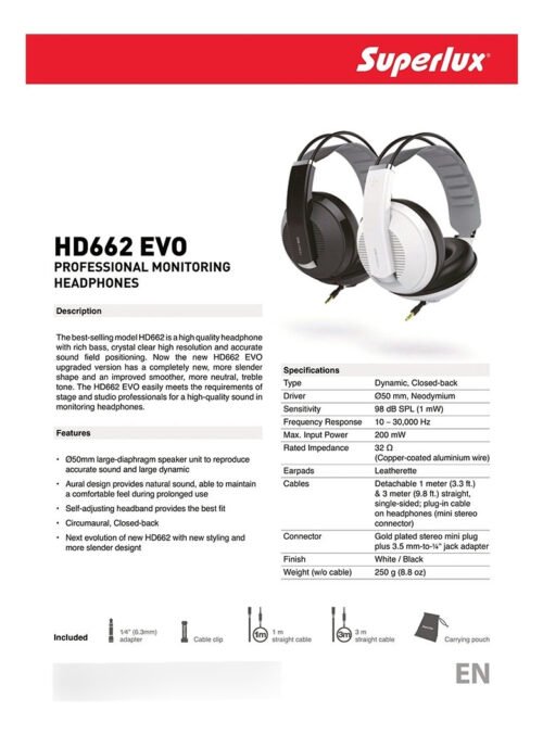 Superlux Auricular Cerrado Profesional Hd-662 Evo Blanco - Imagen 3