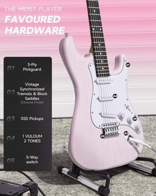 SET GUITARRA ELECTRICA DONNER DST80 CON AMPLIFICADOR 5W-FUNDA-AFINADOR COLOR SHELL PINK EC6957
